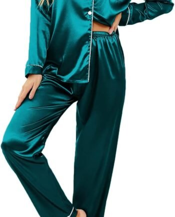 Women's Summer Classic Button Down Long Satin Silk Pajama Set