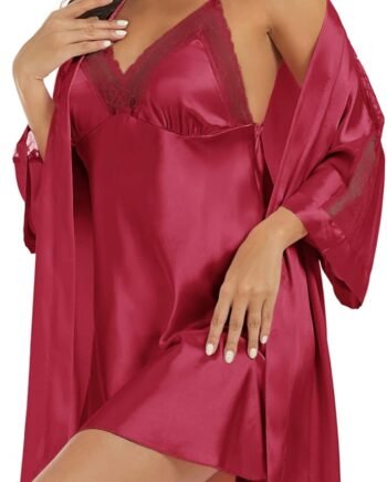 Women's Silk Pajama Sets Satin Robe with Nightgown 2 Piece Sleepwear Sexy Lace Cami Nightwear Kimono Bridesmaid Robes