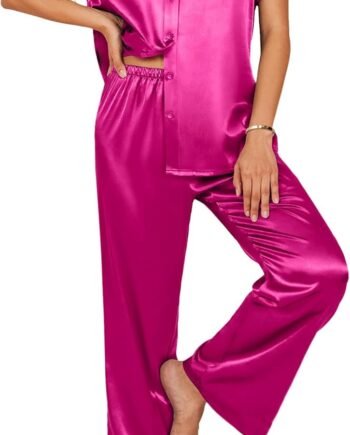 Women's Silk Satin Pajamas Set Button Down 2 Piece Pjs Wide Leg Long Pants Sleepwear Lounge Set with Pockets