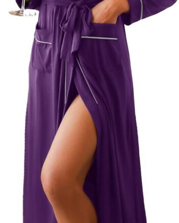 Women Kimono Robes Full Length Knit Bathrobe Lightweight Soft Sleepwear V-neck Casual Ladies Loungewear S-XXL