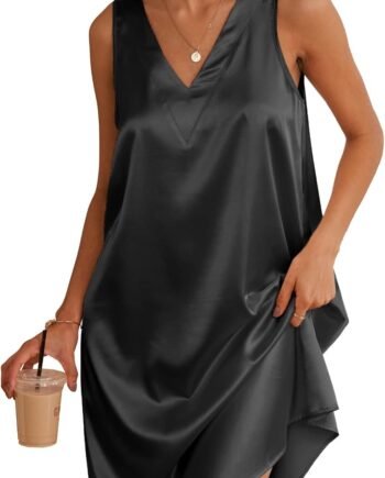 Women Satin Silk Nightgown V Neck Nightie Tank Sleepshirt Sleeveless Summer Dress Comfy Loungewear