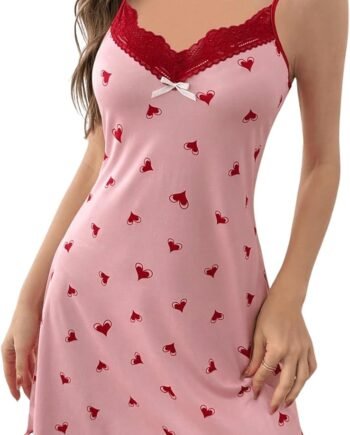 Women Heart Print Cute Nightgowns Sexy Contrast Lace Lingerie Mini Cami Nightdress