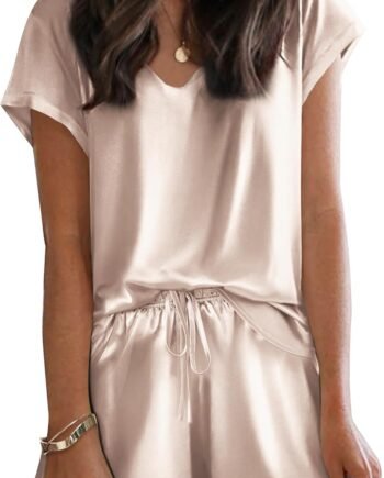 Satin Pajamas for Women Short Sleeve Silk Sleepwear 2 Piece Pjs Set with Ruffled Shorts Casual Loungewear