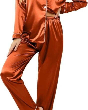 Women's Summer Classic Button Down Long Satin Silk Pajama Set