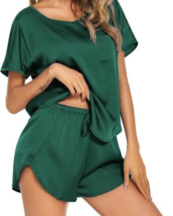 Women Satin Pajama Set Short Sleeve Lightweight Silk Pajama Set 2 Piece Lounge Sets with Shorts