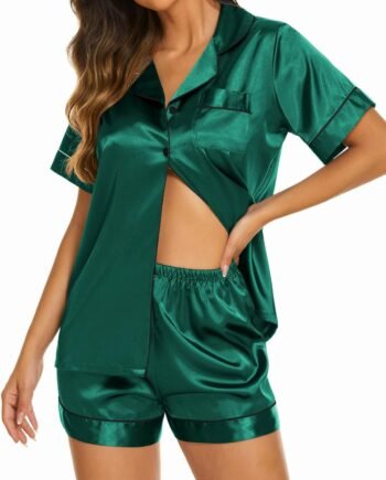 Women's Satin Silk Pajamas Set Short Sleeve Button Down Top and Shorts Sleepwear 2 Piece Pjs Set S-XXL