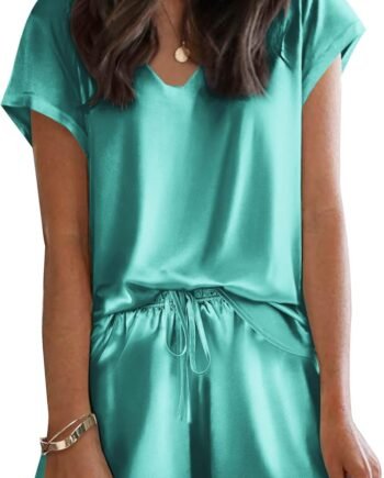 Satin Pajamas for Women Short Sleeve Silk Sleepwear 2 Piece Pjs Set with Ruffled Shorts Casual Loungewear