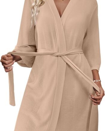 Waffle Robes for Women Lightweight Knit V Neck 3/4 Sleeve Kimono Bathrobe with Pockets Soft Sexy Spa Loungewear S-XXL