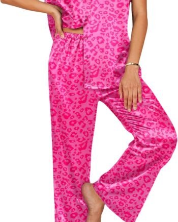 Women's Silk Satin Pajamas Set Button Down 2 Piece Pjs Wide Leg Long Pants Sleepwear Lounge Set with Pockets