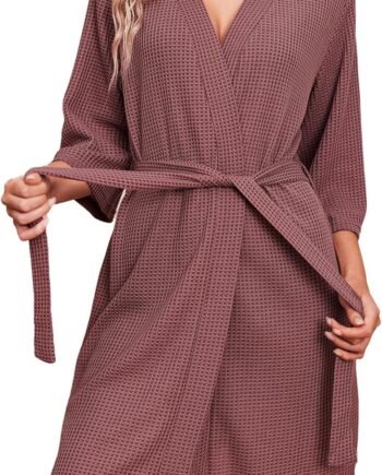 Robes for Women Waffle Knit Bathrobe Soft Lightweight Knee Length Loungewear S-XXL
